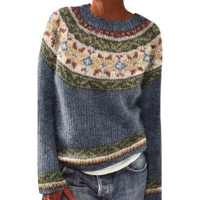 Fair Isle Sweater - Women's Navy Blue Casual Fluffy Fuzzy Jumper - Prime Today's Deals