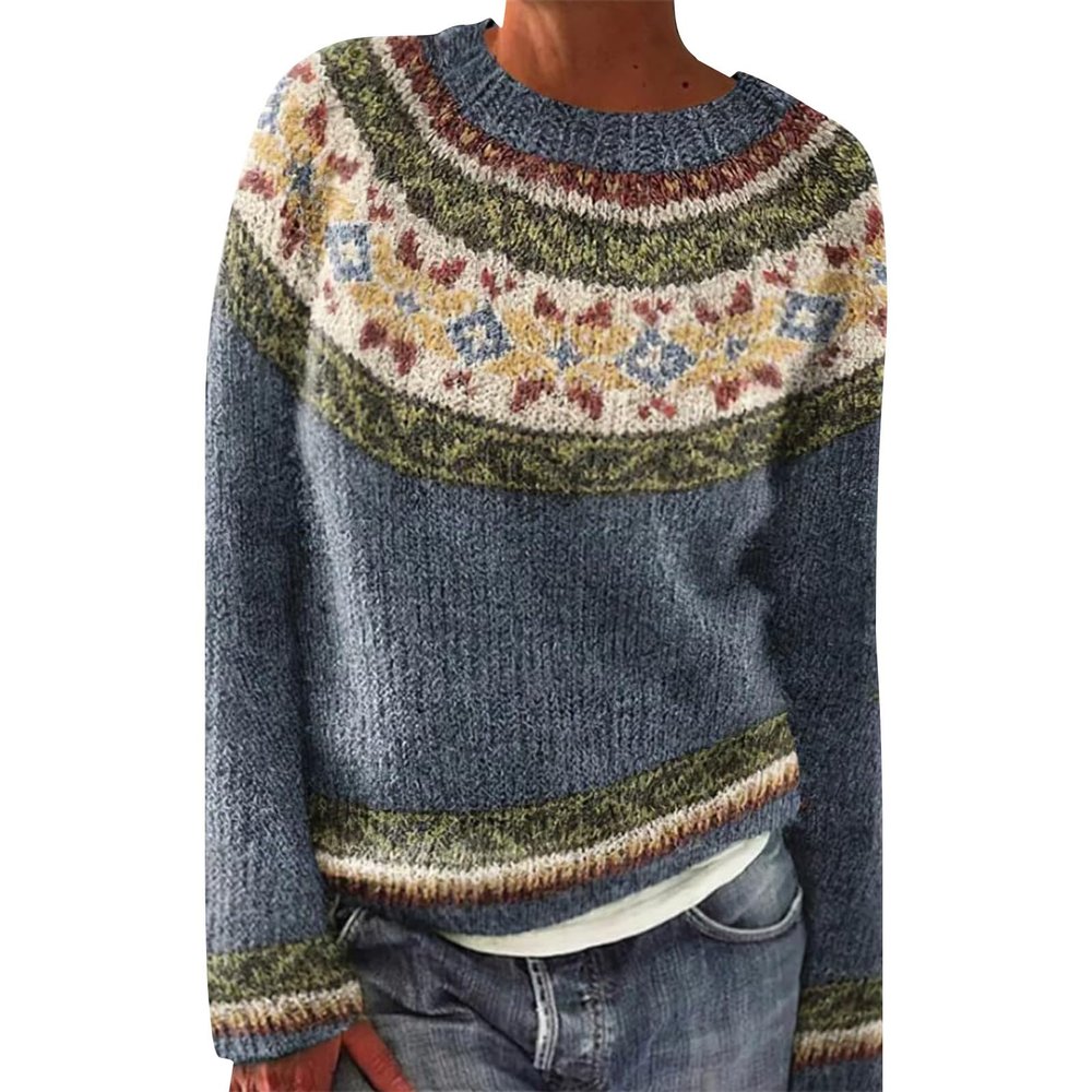 Fair Isle Sweater - Women's Navy Blue Casual Fluffy Fuzzy Jumper - Prime Today's Deals
