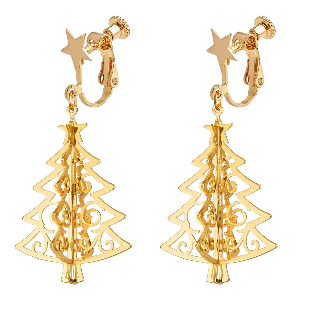 Christmas Clip on Earrings for Women Jingle Bell Dangle Non Piercing 3D Gold Tree Red Green Fake Drop Dangling Hypoallergenic Holiday Jewelry Screw Back