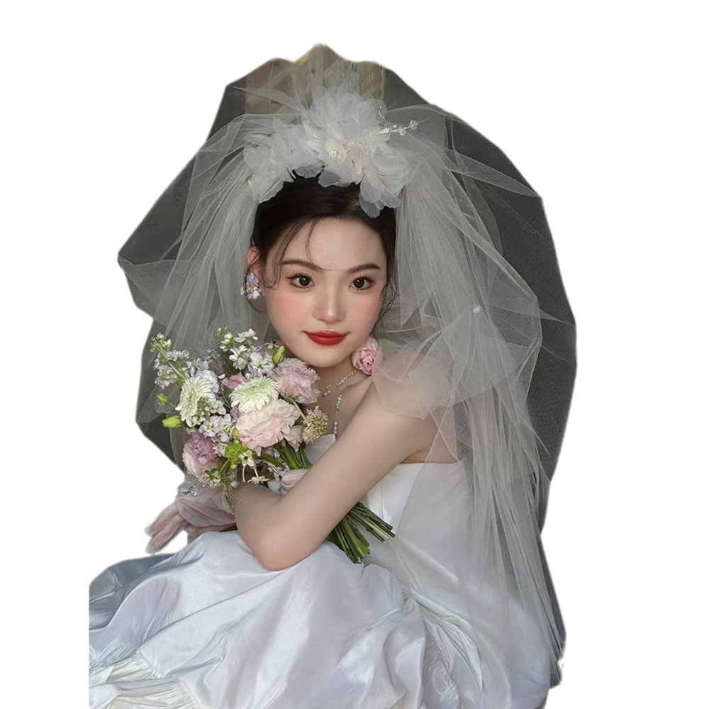 Bride White Tulle With Beadwork Flower Graceful Bride Banquet Party Long Veil For Taking Photo Supplies