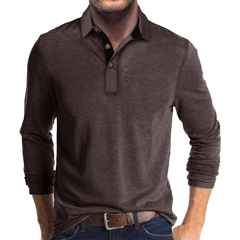 ZYXTIM Mens Henley Long Sleeve Oversize Button Up Lapel Casual Smart Business Work Shirts Lightweight Stretch Golf Polo Shirt Brown