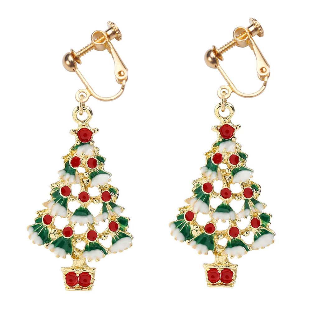 Christmas Clip on Earrings for Women Jingle Bell Dangle Non Piercing 3D Gold Tree Red Green Fake Drop Dangling Hypoallergenic Holiday Jewelry Screw Back