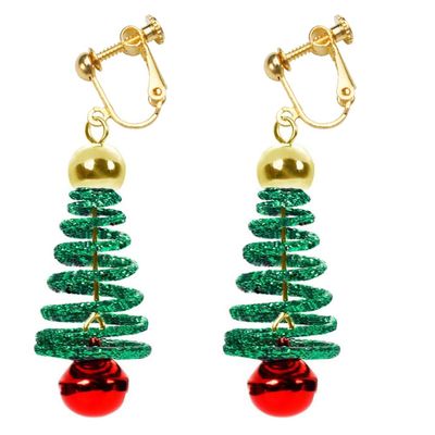 Christmas Clip on Earrings for Women Jingle Bell Dangle Non Piercing 3D Gold Tree Red Green Fake Drop Dangling Hypoallergenic Holiday Jewelry Screw Back