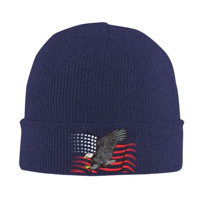 Hand Drawn Flying Eagle with American Flag Beanie for Men Women Knit Cuffed Beanies Warm Winter Hat Skull Cap Navy Blue