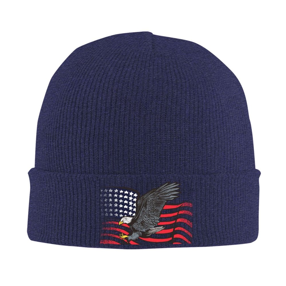 Hand Drawn Flying Eagle with American Flag Beanie for Men Women Knit Cuffed Beanies Warm Winter Hat Skull Cap Navy Blue