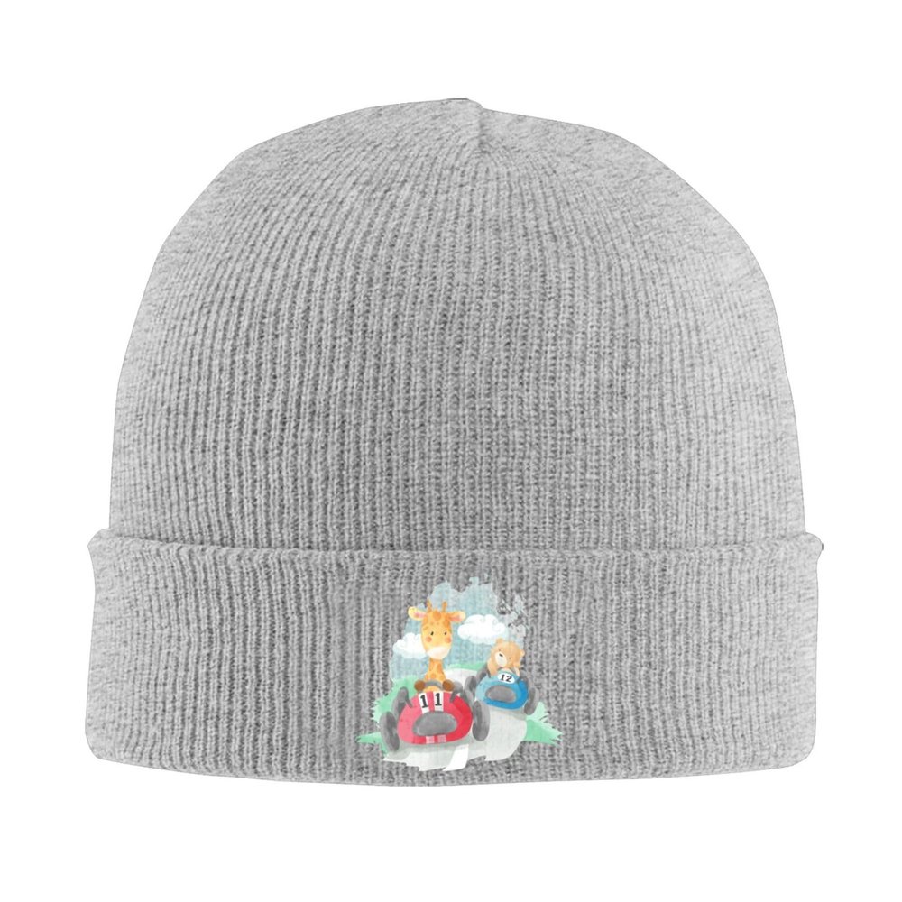 Cute Animal Racing Cars Beanie for Men Women Knit Cuffed Beanies Warm Winter Hat Skull Cap Gray