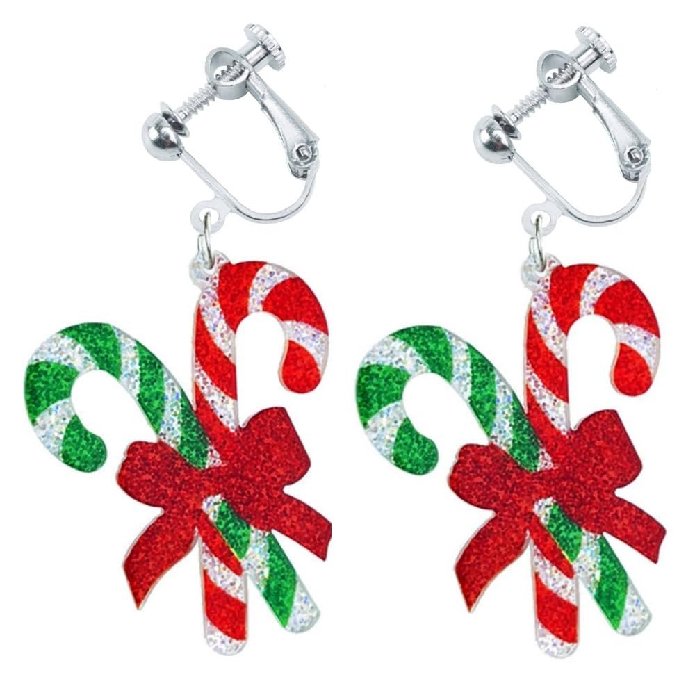 Christmas Clip on Earrings for Women Non Pierced Glitter Cute Colorful Tree Bulb Bow Candy Cane Dangle Xmas Festive Holiday Party Accessory Jewelry
