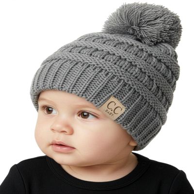Funky Junque Baby Pom Pom Beanie  Soft Knit Infant Winter Hat for Baby Girls & Boys, Cozy Newborn Beanies 012 Months, Warm Toddler Hat - Heather Grey