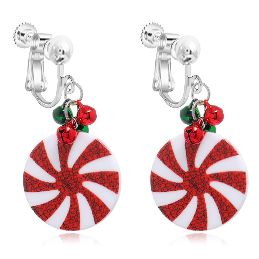Christmas Clip on Earrings for Women Non Pierced Glitter Cute Colorful Tree Bulb Bow Candy Cane Dangle Xmas Festive Holiday Party Accessory Jewelry