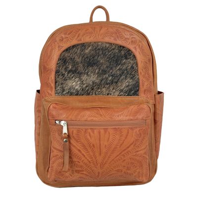 American West Hand Tooled Handcrafted 100% Genuine Leather Backpack with Hair-on Cowhide for Men and Women | Classic Travel Collection | Western (Natural Tan)
