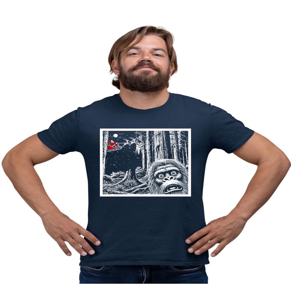 3X-Large Navy Blue Mens Bigfoot Selfie with Santa Funny Christmas Sasquatch T-Shirt