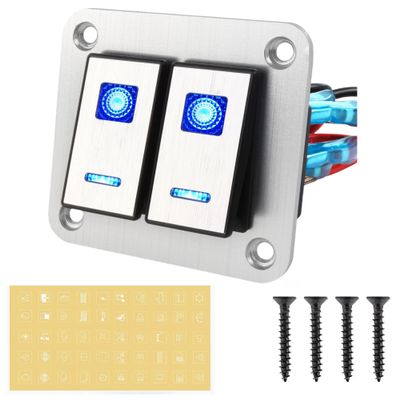 2 Gang Rocker Switch Aluminum Panel, 12V/24V Racing Car Toggle Switch 5 Pin On-Off, Marine Lighted Rocker Switch with LED Blue Backlit for Boat Automotive Truck Motorcycle Jeep RV (Silver, 2 Gang)