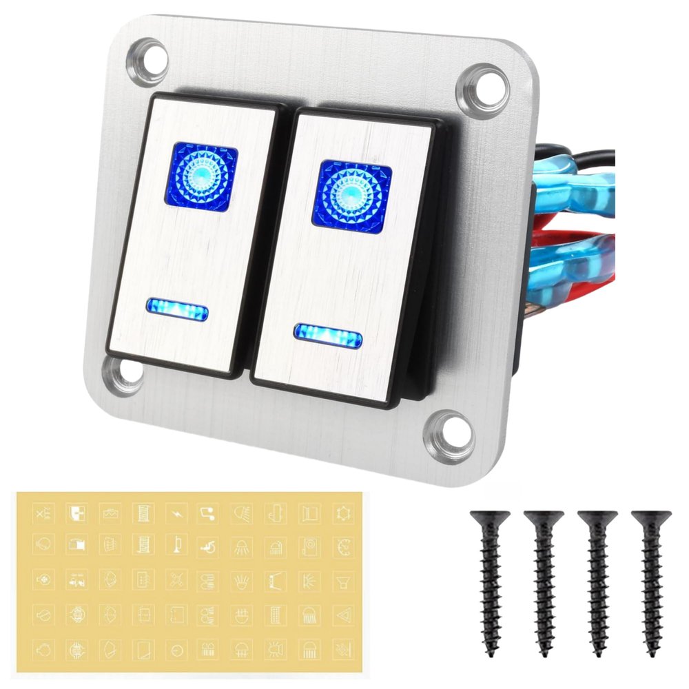 2 Gang Rocker Switch Aluminum Panel, 12V/24V Racing Car Toggle Switch 5 Pin On-Off, Marine Lighted Rocker Switch with LED Blue Backlit for Boat Automotive Truck Motorcycle Jeep RV (Silver, 2 Gang)