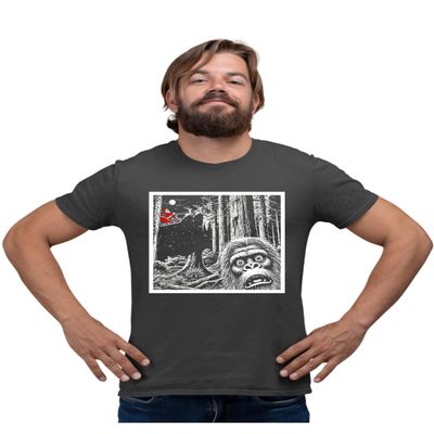 Medium Heather Black Mens Bigfoot Selfie with Santa Funny Christmas Sasquatch T-Shirt