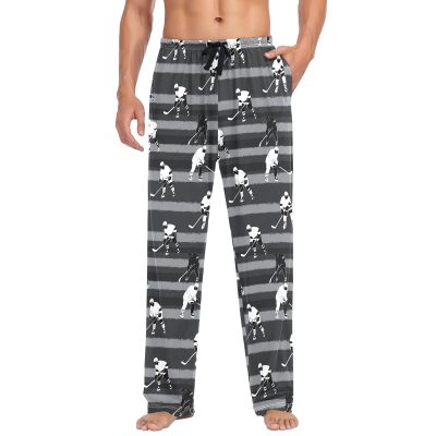 Boccsty White Hockey Players Black Gray Stripes Men Cotton Flannel Pajama Pants Mens Lounge Sleep PJ Bottoms M
