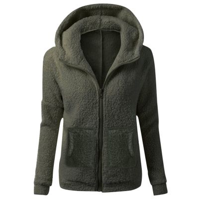 Women Fleece Jacket Plus Size Fashion Casual Zipper Collar Loose Long Sleeve Solid Color Plush Hooded Coat Zip Up Jackets For Women Multi Xxl