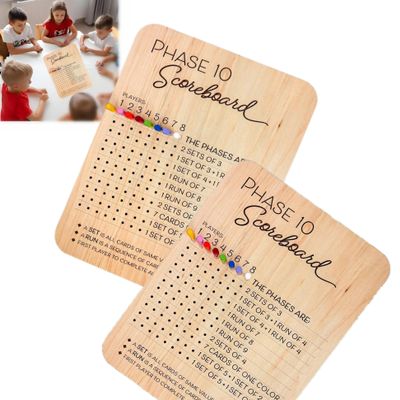 Phase 10 Score Board2025 New Wooden Phase 10 Scoreboard and Round Tracker with 8 Colored Pegs, Phase 10 Flip Card Holiday Family Adults Bboard Game Accessories (2 Pcs)