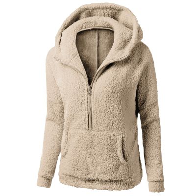 MKLUNJOP Women Fleece Jacket Plus Size Fashion Casual Zipper Collar Loose Long Sleeve Solid Color Plush Hooded Coat Sherpa Hoodie Beige M
