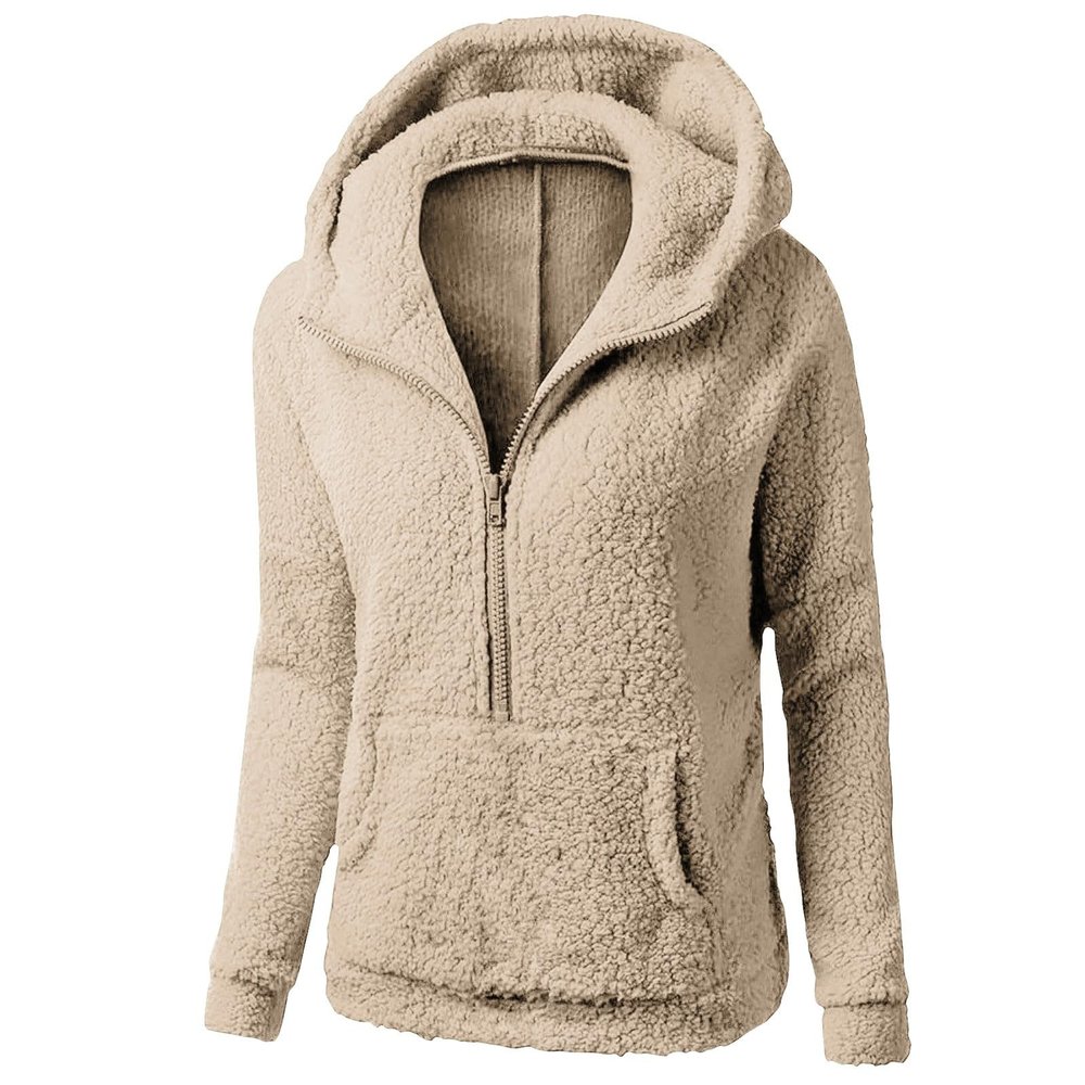 MKLUNJOP Women Fleece Jacket Plus Size Fashion Casual Zipper Collar Loose Long Sleeve Solid Color Plush Hooded Coat Sherpa Hoodie Beige M