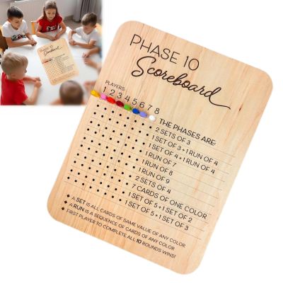 Phase 10 Score Board2025 New Wooden Phase 10 Scoreboard and Round Tracker with 8 Colored Pegs, Phase 10 Flip Card Holiday Family Adults Bboard Game Accessories (1 Pcs)