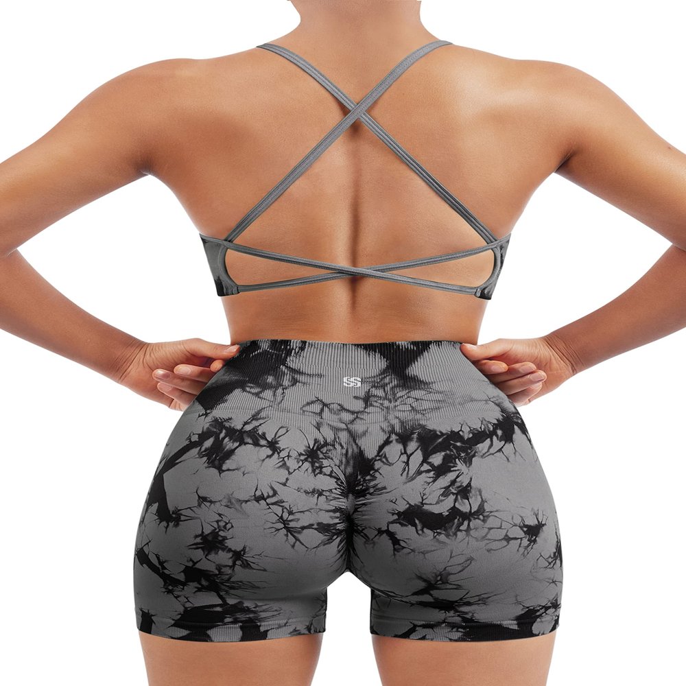 SUUKSESS Women Seamless 2 piece Workout Sets Strappy Padded Sports Bra Booty High Waisted Shorts Outfits (Black Grey,XS)