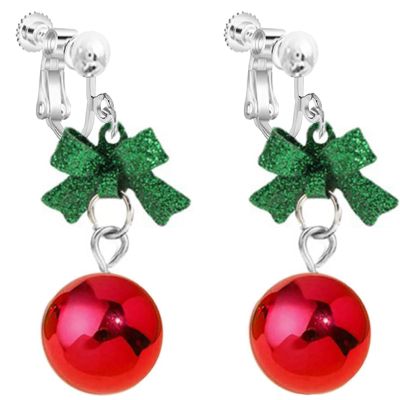 Christmas Clip on Dangle Earrings for Women, Non Pierced, Cute Long Chain Bow Knot Red Green Jingle Bell Drop Holiday Jewelry