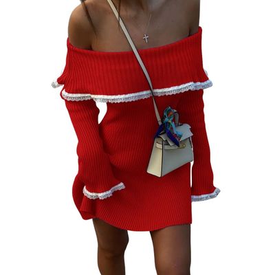 chouyatou Women's Off The Shoulder Bell Long Sleeve Sweater Mini Dress Lace Trim Bodycon Ribbed Knit Sweater Dress (Medium, Red)