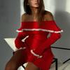 chouyatou Women's Off The Shoulder Bell Long Sleeve Sweater Mini Dress Lace Trim Bodycon Ribbed Knit Sweater Dress (Medium, Red) view 2