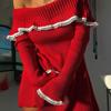 chouyatou Women's Off The Shoulder Bell Long Sleeve Sweater Mini Dress Lace Trim Bodycon Ribbed Knit Sweater Dress (Medium, Red) view 3