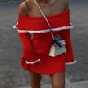 chouyatou Women's Off The Shoulder Bell Long Sleeve Sweater Mini Dress Lace Trim Bodycon Ribbed Knit Sweater Dress (Medium, Red) view 4