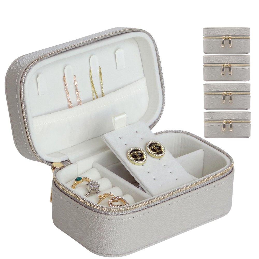 Betviv Premium Gray Travel Jewelry Case Bulk of 4 - Small Sophisticated Travel Jewelry Box Set for Women & Men, Compact Holder for Earrings, Rings, Minimalist Style, Perfect for Business Travel