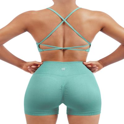 SUUKSESS Women Seamless 2 piece Workout Sets Strappy Padded Sports Bra Booty High Waisted Shorts Outfits (Light Green,XS)
