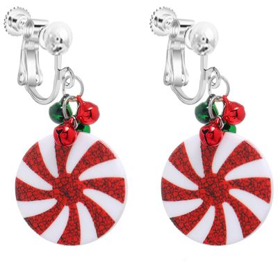 Christmas Clip on Dangle Earrings for Women, Non Pierced, Cute Long Chain Bow Knot Red Green Jingle Bell Drop Holiday Jewelry