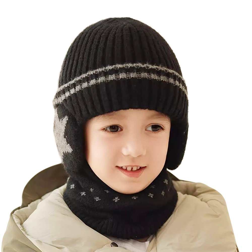 Kids Winter Knit Hat Cute Soft Warm Knit Cap Skull Caps with Earflap Scarf Set Ski Caps for Girls Boys Black