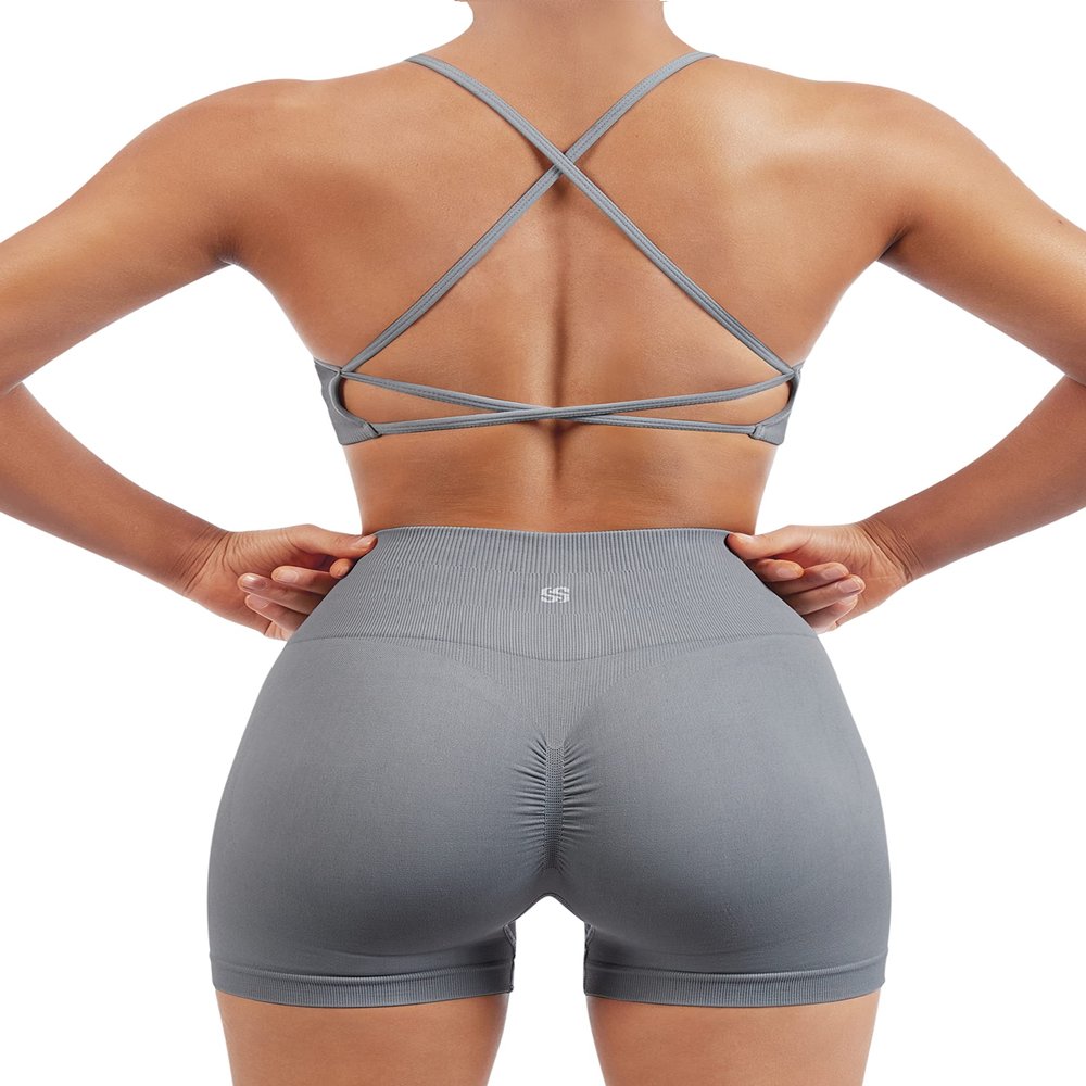 SUUKSESS Women Seamless 2 piece Workout Sets Strappy Padded Sports Bra Booty High Waisted Shorts Outfits (Grey Blue,XL)