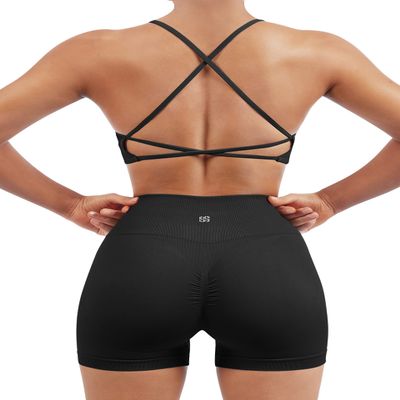 SUUKSESS Women Seamless 2 piece Workout Sets Strappy Padded Sports Bra Booty High Waisted Shorts Outfits (Black,XL)