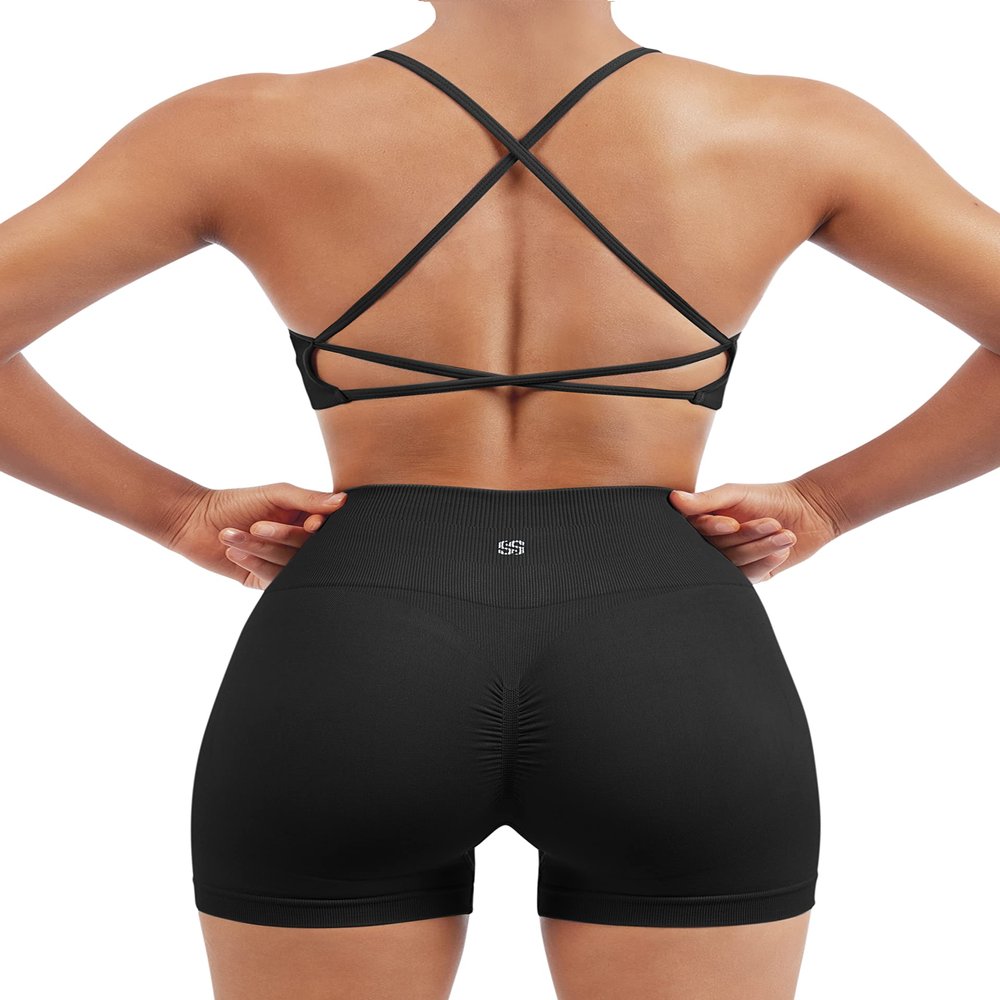 SUUKSESS Women Seamless 2 piece Workout Sets Strappy Padded Sports Bra Booty High Waisted Shorts Outfits (Black,XL)