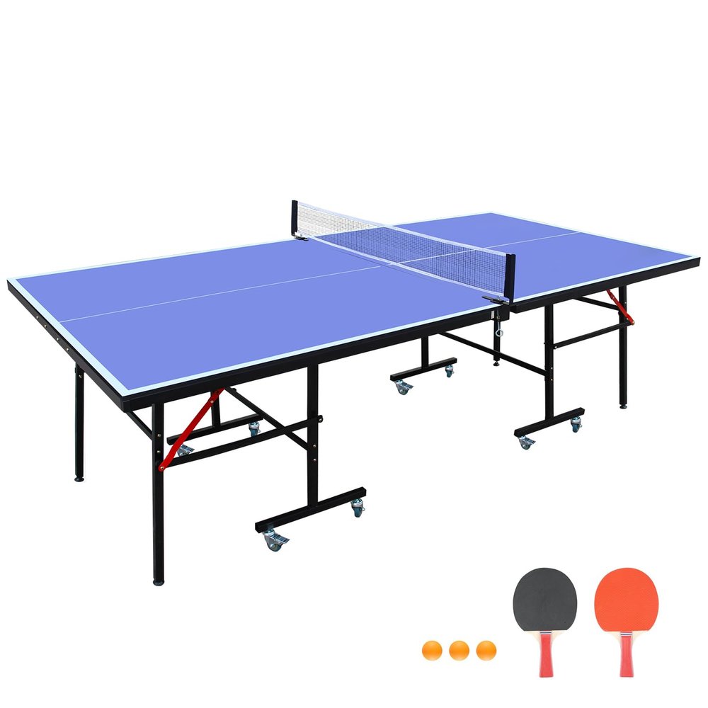 Dithoko Table Tennis Table, 8 Ft Foldable & Portable Ping Pong Table Set with 3 Balls, 2 Table Tennis Paddles and Net for Indoor Outdoor Game - Blue