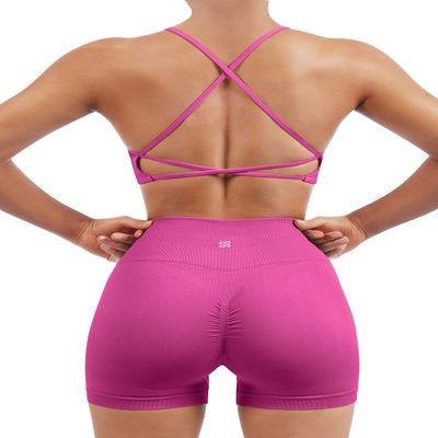 SUUKSESS Women Seamless 2 piece Workout Sets Strappy Padded Sports Bra Booty High Waisted Shorts Outfits (Hot Pink,XS)