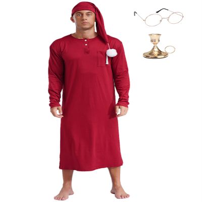 Fldy Mens 4Pcs Pajama Sets Button Up Nightgown Halloween Robe Costume Sleeping Nightshirt with Hat Burgundy Medium