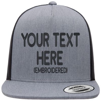 Custom Trucker Flatbill Hat YP 6006 Embroidered Your Text Snapback (Heather Grey/Black)