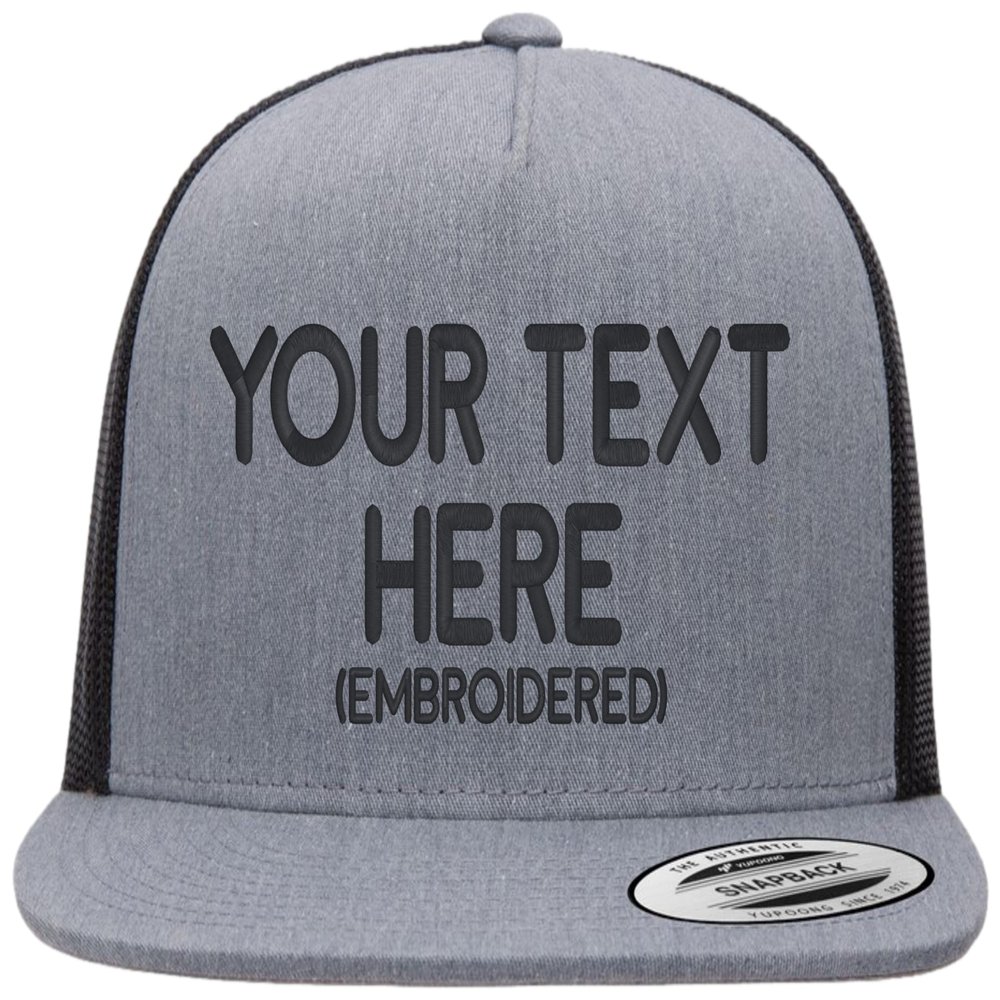 Custom Trucker Flatbill Hat YP 6006 Embroidered Your Text Snapback (Heather Grey/Black)