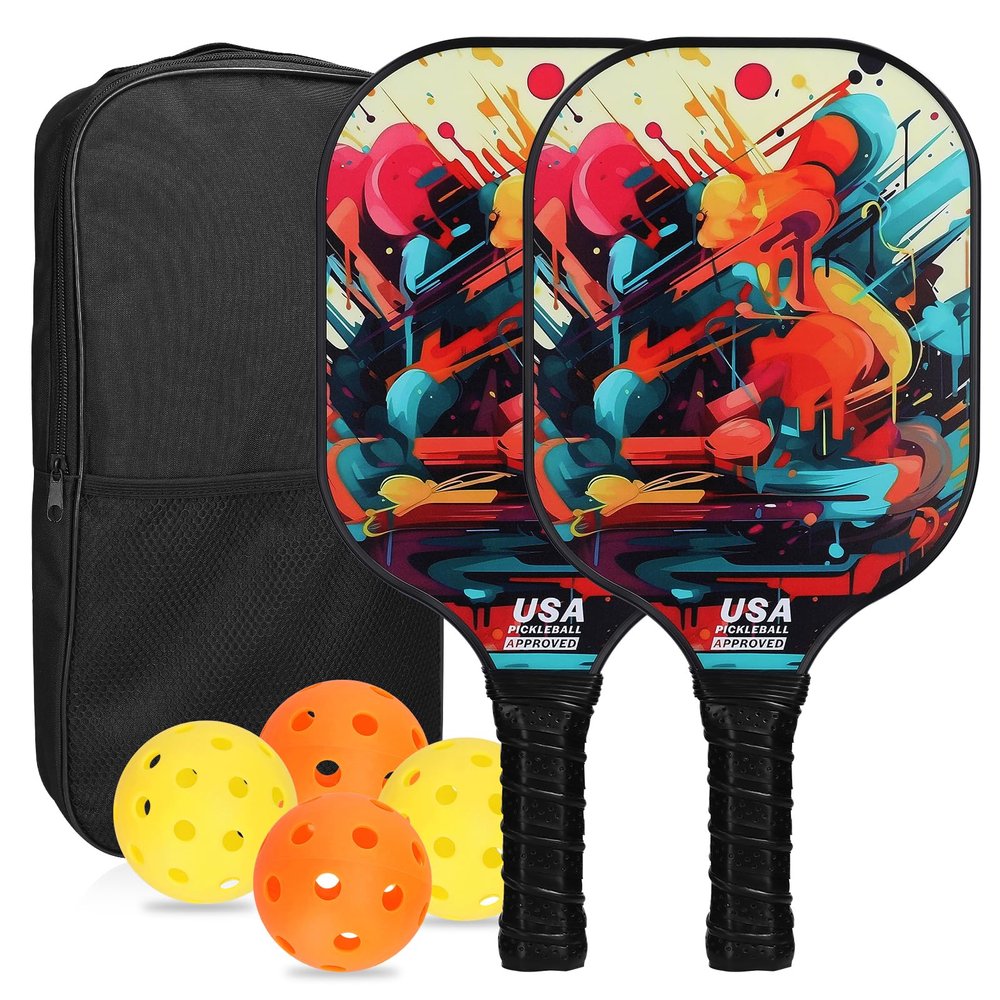 Fiberglas Pickleball Rackets Set Pickleball Paddle Set of 2 Rackets and 4 Pickleballs Balls Racquet with Balls Sports Accessory