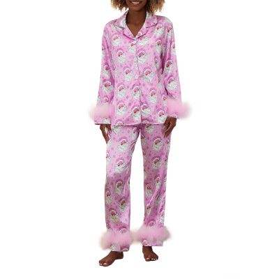 Amiblvowa Christmas Pajamas for Women Silk Satin Long Sleeve Lounge Set Feather Trim Christmas Shirt Matching Pants Pjs Set (Rose Red Santa, L)