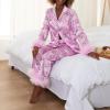 Amiblvowa Christmas Pajamas for Women Silk Satin Long Sleeve Lounge Set Feather Trim Christmas Shirt Matching Pants Pjs Set (Rose Red Santa, L) view 4