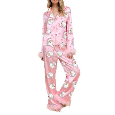 Amiblvowa Christmas Pajamas for Women Silk Satin Long Sleeve Lounge Set Feather Trim Christmas Shirt Matching Pants Pjs Set (Pink Santa Claus, XL)
