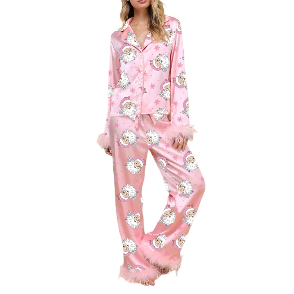 Amiblvowa Christmas Pajamas for Women Silk Satin Long Sleeve Lounge Set Feather Trim Christmas Shirt Matching Pants Pjs Set (Pink Santa Claus, XL)