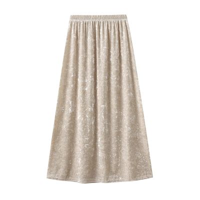 Beeblily Womens Winter Velvet Elegant Long Skirt Stretch High Waist Maxi Skirt Elastic Waist Pleated Skirt S