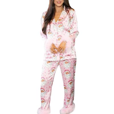 Amiblvowa Christmas Pajamas for Women Silk Satin Long Sleeve Lounge Set Feather Trim Christmas Shirt Matching Pants Pjs Set (Light Pink Santa, S)