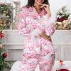 Amiblvowa Christmas Pajamas for Women Silk Satin Long Sleeve Lounge Set Feather Trim Christmas Shirt Matching Pants Pjs Set (Light Pink Santa, S) view 2